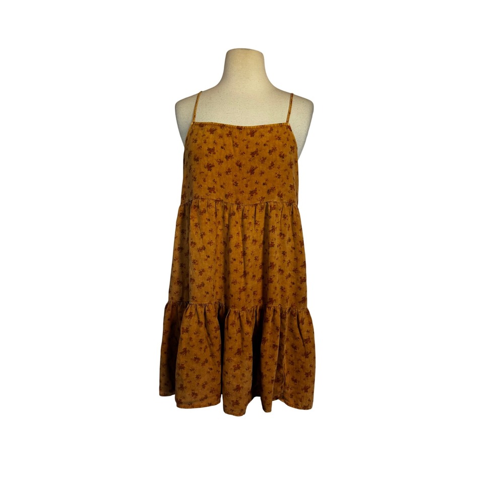 American Eagle Mustard Floral Tiered Babydoll Mini Dress Medium Square Neck
